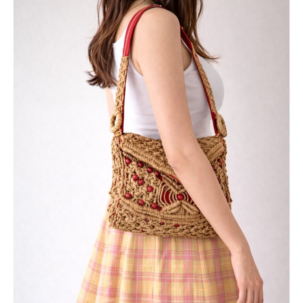 Vintage Woven Raffia Natural Boho Hippie Shoulder Bag